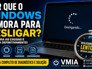 Notebook Com A Tela Do Windows Exibindo A Mensagem &Quot;Desligando...&Quot;, Ilustrando Um Problema De Desligamento Lento. A Imagem Destaca Diagnóstico De Drivers, Serviços, Hardware E Configurações Para Resolver A Lentidão No Desligamento Do Windows 10 E Windows 11.