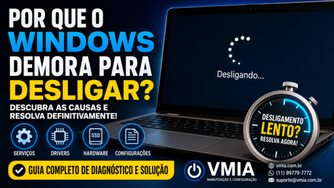 Notebook com a tela do Windows exibindo a mensagem "Desligando...", ilustrando um problema de desligamento lento. A imagem destaca diagnóstico de drivers, serviços, hardware e configurações para resolver a lentidão no desligamento do Windows 10 e Windows 11.