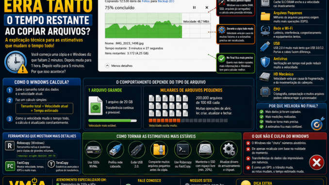 Janela de cópia de arquivos do Windows exibindo tempo restante variável durante uma transferência. A imagem explica como SSD, cache, arquivos pequenos, Wi-Fi, USB e antivírus afetam as estimativas de tempo.