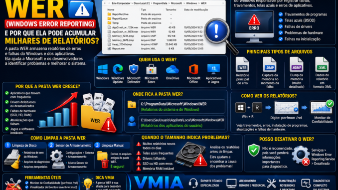 Infográfico técnico explicando a pasta WER (Windows Error Reporting), mostrando relatórios de erro, arquivos DMP, crescimento da pasta, localização no Windows e métodos de limpeza e diagnóstico.