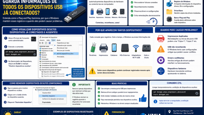 Infográfico explicando por que o Windows mantém registros de dispositivos USB já conectados, mostrando o funcionamento do Plug and Play, dispositivos ocultos e como remover dispositivos fantasma.