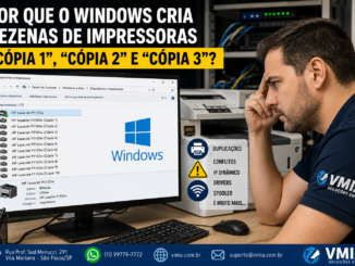 Tela Do Windows Exibindo Diversas Impressoras Duplicadas Com Nomes Cópia 1, Cópia 2 E Cópia 3 Enquanto Um Técnico Analisa Problemas De Impressão, Drivers E Configuração De Rede.