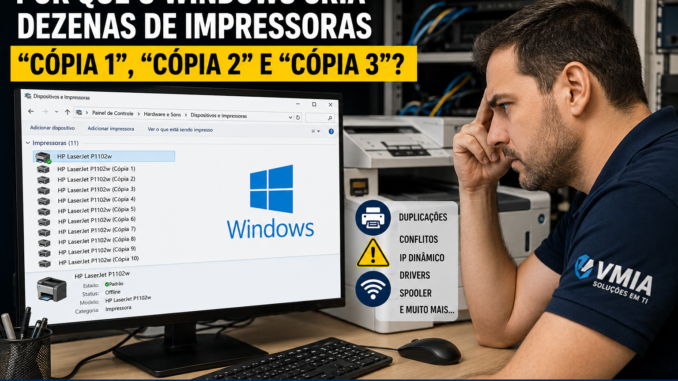 Tela do Windows exibindo diversas impressoras duplicadas com nomes Cópia 1, Cópia 2 e Cópia 3 enquanto um técnico analisa problemas de impressão, drivers e configuração de rede.
