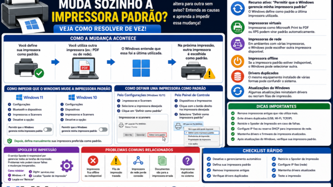 Infográfico explicando por que o Windows altera automaticamente a impressora padrão, mostrando impressoras de rede, impressoras virtuais, spooler de impressão, drivers duplicados e soluções para Windows 10 e Windows 11.