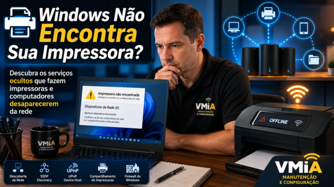 Técnico da VMIA diagnosticando problema onde o Windows não encontra impressoras e computadores na rede automaticamente.