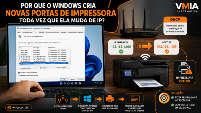 Tela do Windows exibindo múltiplas portas de impressora enquanto uma impressora Wi-Fi muda de endereço IP na rede.