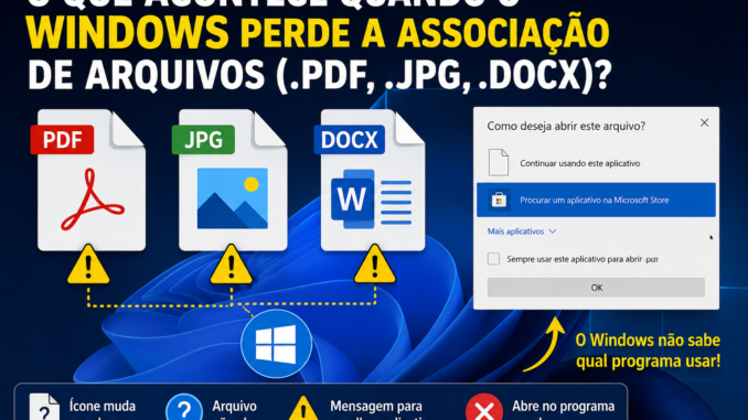 Windows perdeu a associação de arquivos PDF, JPG e DOCX mostrando erro ao abrir documentos, imagens e arquivos do Microsoft Word.