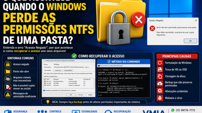 Tela do Windows exibindo erro de acesso negado causado pela perda de permissões NTFS em uma pasta, mostrando métodos para recuperar o acesso aos arquivos.