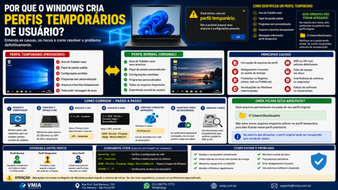 Infográfico mostrando por que o Windows cria perfis temporários de usuário, apresentando causas, sintomas, recuperação de arquivos e métodos para corrigir o problema sem formatação.