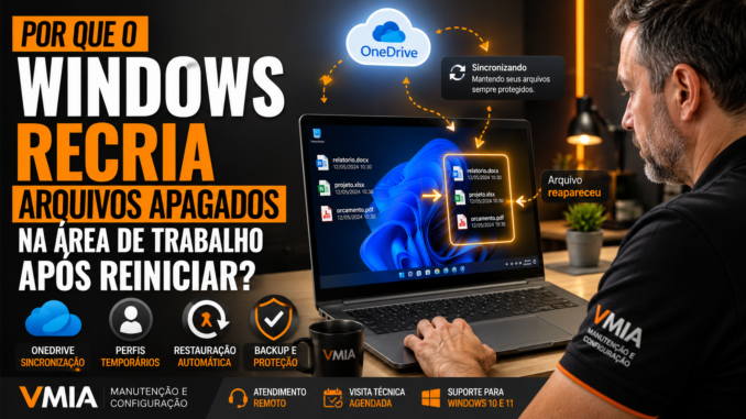 Técnico analisando computador Windows com arquivos reaparecendo na Área de Trabalho após reinicialização e sincronização do OneDrive.