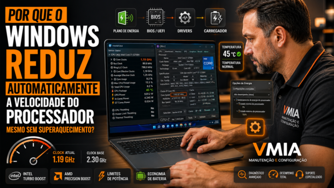 Técnico da VMIA analisando frequência reduzida do processador em computador Windows com temperatura normal e desempenho limitado.