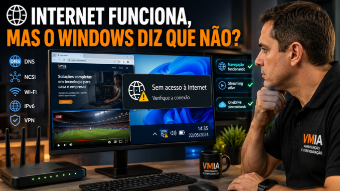 Windows exibindo mensagem sem acesso à internet enquanto a conexão continua funcionando normalmente.
