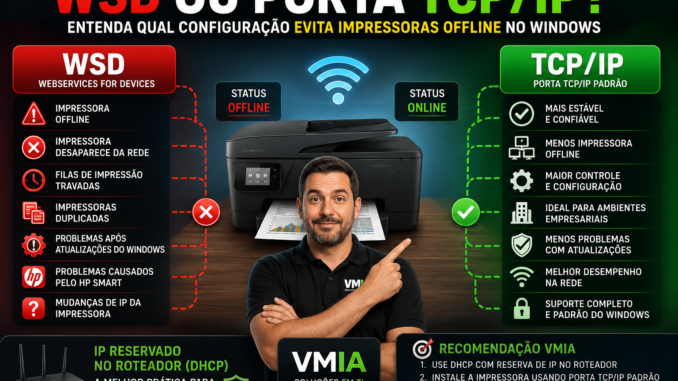 Comparação entre porta WSD e porta TCP/IP para impressoras em rede no Windows, mostrando problemas comuns do WSD e as vantagens da porta TCP/IP padrão para evitar impressoras offline.