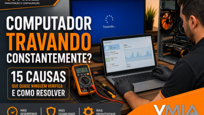 Técnico realizando diagnóstico em notebook e computador com travamentos constantes no Windows durante manutenção de desempenho.