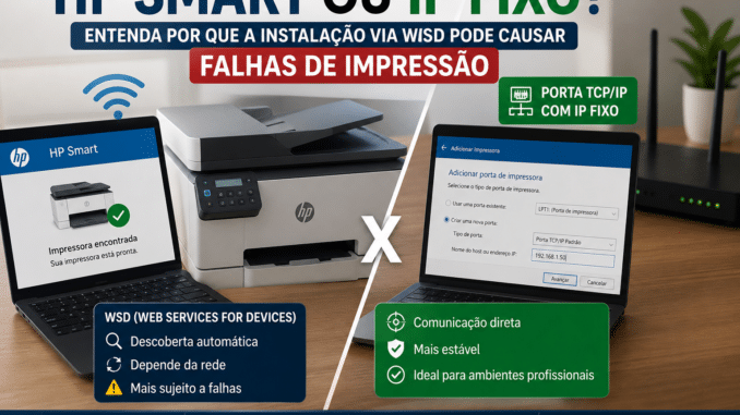 Comparação entre a instalação de impressoras pelo HP Smart utilizando WSD e a configuração manual por Porta TCP/IP com IP fixo, destacando maior estabilidade na comunicação em redes domésticas e corporativas.