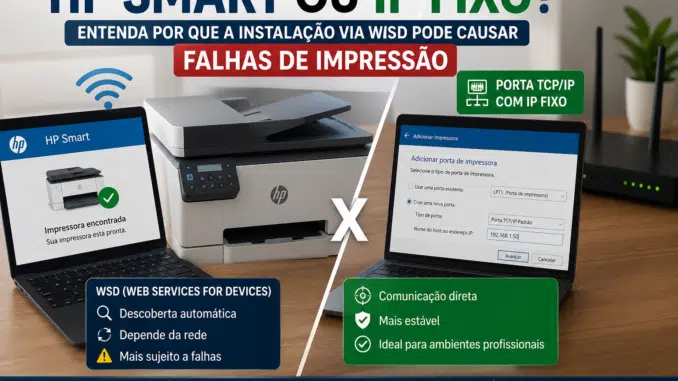 Comparação entre a instalação de impressoras pelo HP Smart utilizando WSD e a configuração manual por Porta TCP/IP com IP fixo, destacando maior estabilidade na comunicação em redes domésticas e corporativas.