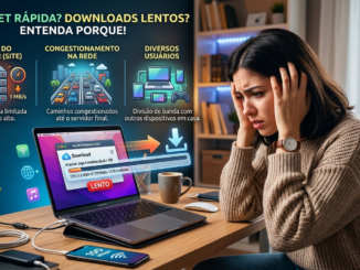 Mulher Frustrada Olhando Para Notebook Mostrando Barra De Download Lenta, Com Infográfico Explicativo Sobre Limites De Servidor, Congestionamento Na Rede E Múltiplos Dispositivos Conectados.