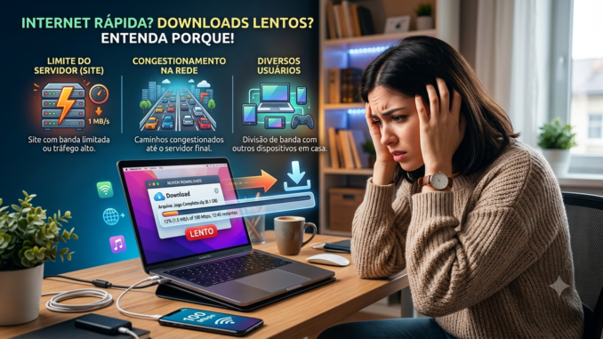 Mulher frustrada olhando para notebook mostrando barra de download lenta, com infográfico explicativo sobre limites de servidor, congestionamento na rede e múltiplos dispositivos conectados.