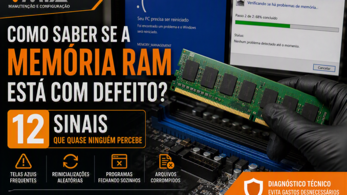 Módulo de memória RAM sendo testado em computador com tela azul do Windows e ferramenta de diagnóstico de memória aberta.