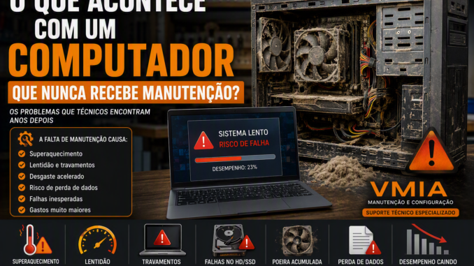 Computador com acúmulo excessivo de poeira interna e notebook exibindo alerta de sistema lento e risco de falha por falta de manutenção preventiva.
