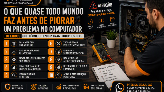 Técnico realizando diagnóstico em computador enquanto painel destaca os principais erros que podem agravar problemas de hardware e desempenho.