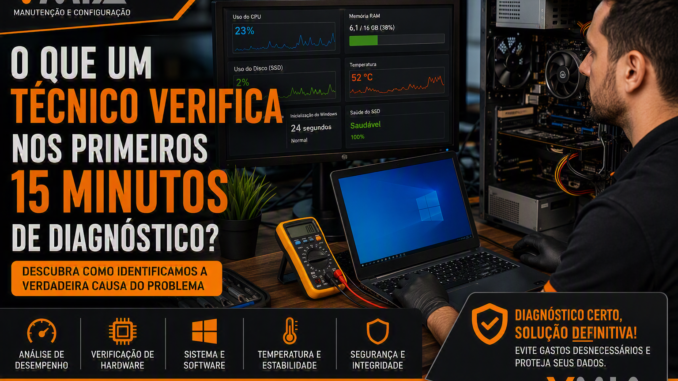 Técnico realizando diagnóstico em computador com monitor exibindo uso de CPU, memória RAM, SSD e temperatura para identificar problemas de desempenho.