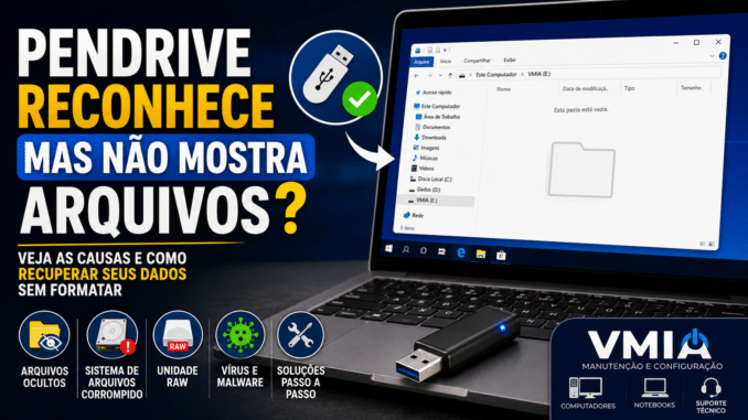 Pendrive conectado ao computador sendo reconhecido pelo Windows, mas sem exibir os arquivos armazenados.