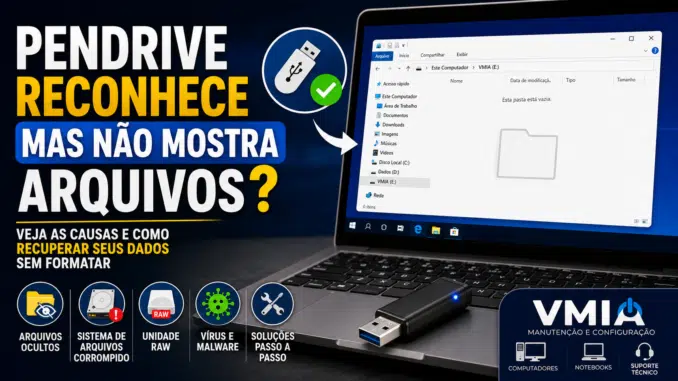 Pendrive conectado ao computador sendo reconhecido pelo Windows, mas sem exibir os arquivos armazenados.