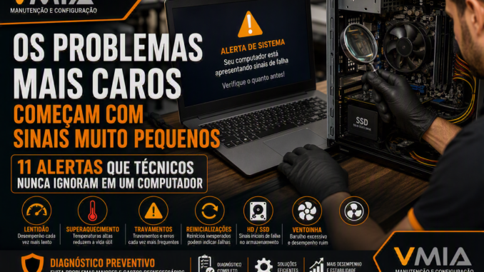 Técnico analisando computador com alerta de falha no sistema e verificando sinais de problemas em hardware, SSD, temperatura e desempenho.