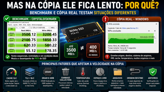 CrystalDiskMark mostra SSD rápido, mas cópia fica lenta no Windows por fatores como cache SLC, TLC, QLC, temperatura e velocidade de origem e destino.