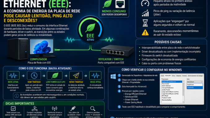Energy Efficient Ethernet EEE no Windows mostrando Low Power Idle, ping alto e possíveis problemas de latência na rede Ethernet