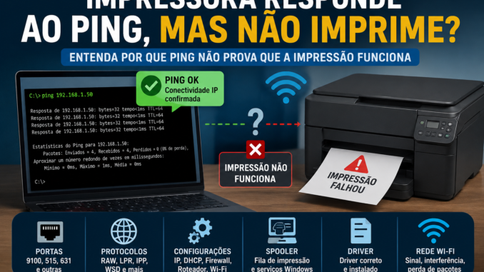 Impressora responde ao ping, mas não imprime, mostrando diagnóstico de rede com IP, porta TCP/IP, WSD, spooler, driver e Wi-Fi.