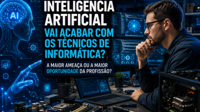 Técnico de informática analisando o impacto da inteligência artificial no futuro da profissão em ambiente tecnológico com computadores e sistemas de IA.