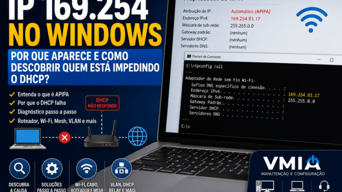 IP 169.254 no Windows mostrando falha de DHCP, APIPA e diagnóstico de rede com ipconfig.