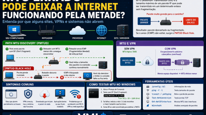 Infográfico sobre MTU errado, PMTUD Black Hole e VPN causando falhas de Internet no Windows.