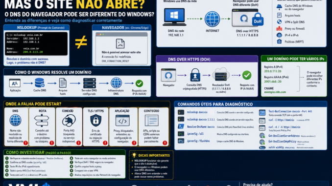 Diagnóstico de DNS no Windows quando o NSLOOKUP funciona, mas o navegador não abre o site.