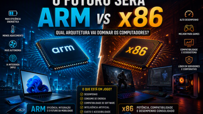 Comparação entre processadores ARM e x86 destacando eficiência energética, inteligência artificial, desempenho, compatibilidade e futuro dos computadores.