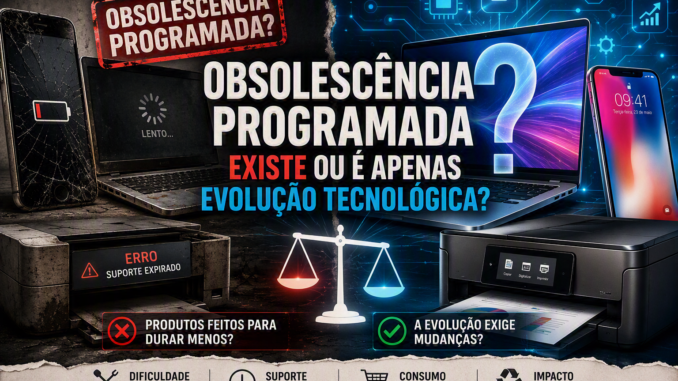 Smartphone quebrado, notebook lento e impressora com erro contrastando com dispositivos modernos em debate sobre obsolescência programada e evolução tecnológica.
