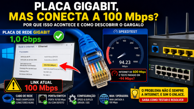 Placa de rede Gigabit conectando a 100 Mbps no Windows com teste de Internet limitado a 94 Mbps