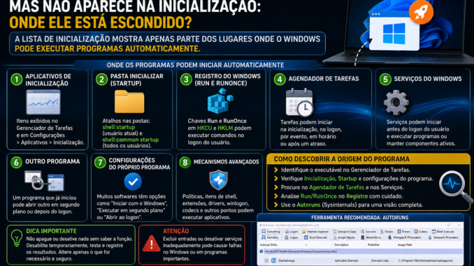 Programa abre sozinho ao iniciar o Windows e não aparece na Inicialização, com possíveis origens no Registro, Startup, tarefas, serviços e Autoruns.