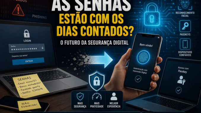 Tela de login tradicional sendo substituída por autenticação biométrica, passkeys e reconhecimento facial em conceito sobre o futuro da segurança digital.