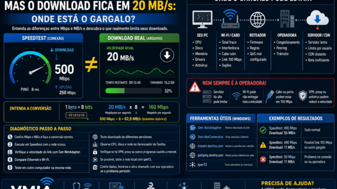Comparação entre Speedtest de 500 Mbps e download de 20 MB/s mostrando possíveis gargalos de rede.