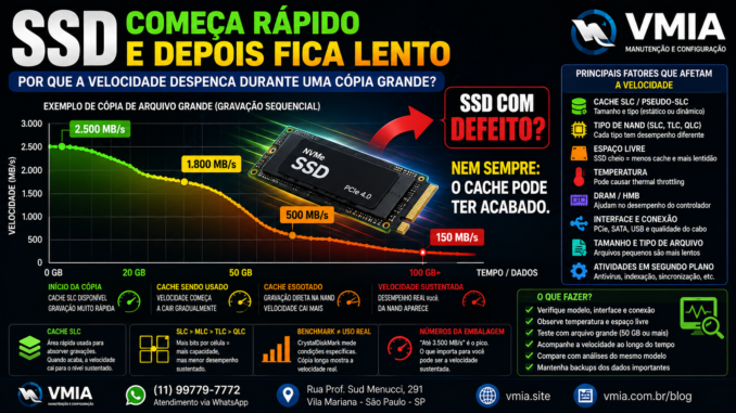 SSD começa rápido e depois fica lento durante cópia grande após queda do cache SLC