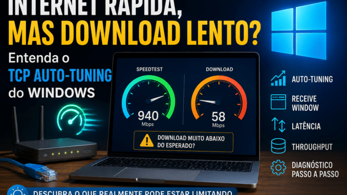 TCP Auto-Tuning do Windows mostrando Internet rápida no Speedtest e download lento