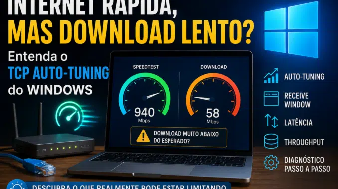 TCP Auto-Tuning do Windows mostrando Internet rápida no Speedtest e download lento