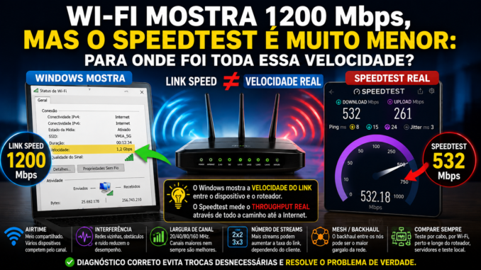 Wi-Fi mostra 1200 Mbps no Windows, mas Speedtest apresenta velocidade real menor