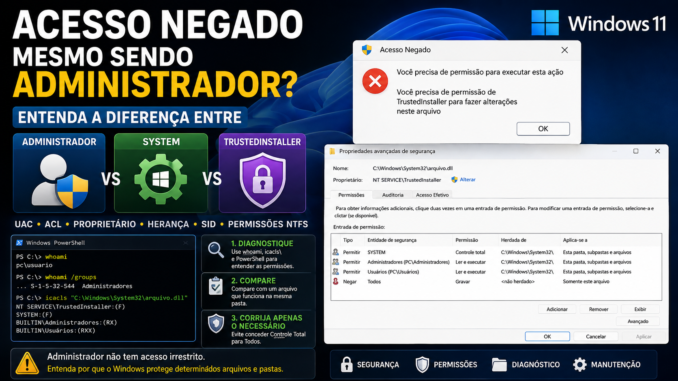 Acesso negado no Windows 11 mostrando diferenças entre Administrador, SYSTEM e TrustedInstaller e diagnóstico de permissões NTFS