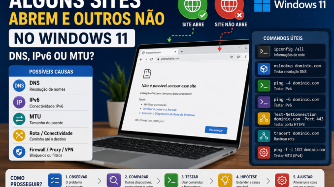 Alguns sites abrem e outros não no Windows 11 com diagnóstico de DNS, IPv6, MTU, rota, firewall, proxy e VPN