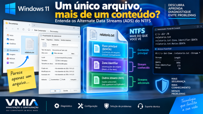 Ilustração explicando Alternate Data Streams (ADS) no NTFS do Windows 11, mostrando fluxo principal, Zone.Identifier e streams adicionais de um arquivo.
