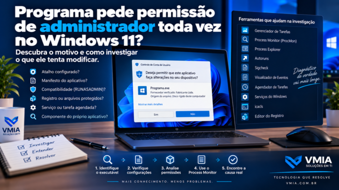 Aplicativo pedindo permissão de administrador no Windows 11 com UAC e ferramentas para descobrir a causa